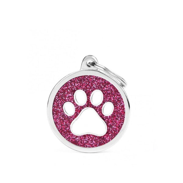Placa ID My Family ID Círculo Grande Huella Rosa Glitter | Accesorios Perros y Gatos | Marcapet Colombia