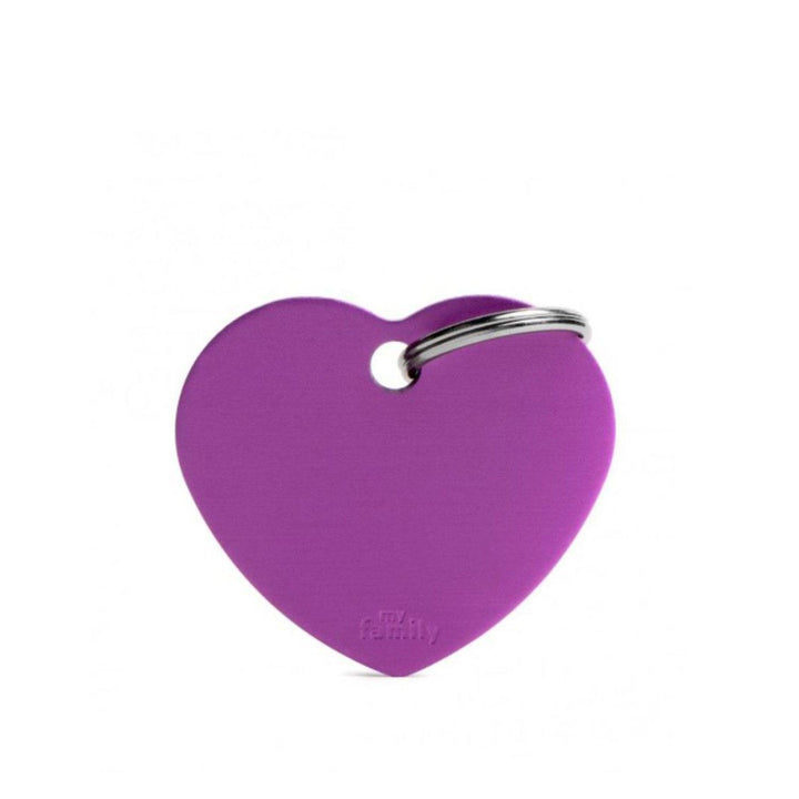 Placa ID My Family Corazón Grande Morado en Aluminio | Accesorios Perros y Gatos | Marcapet Colombia