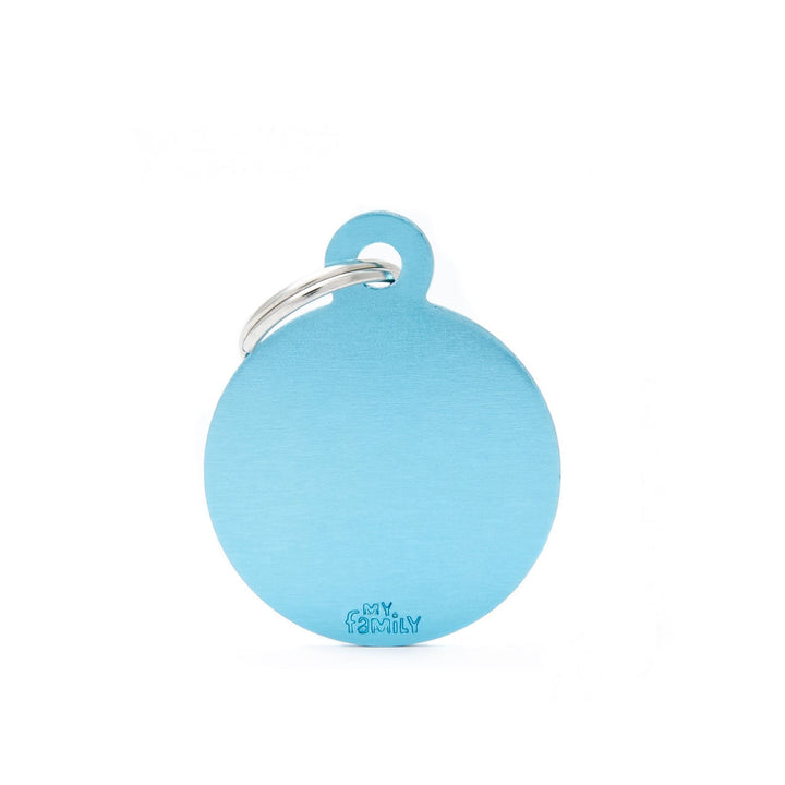 Placa ID My Family Círculo Grande Celeste en Aluminio | Accesorios Perros y Gatos | Marcapet Colombia
