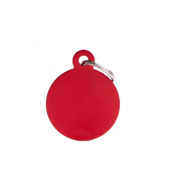 Placa ID My Family Círculo Grande Rojo en Aluminio | Accesorios Perros y Gatos | Marcapet Colombia