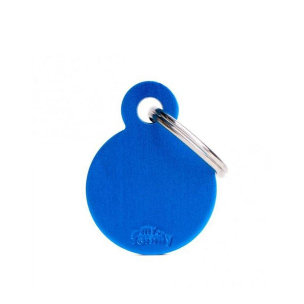Placa ID My Family Círculo Pequeño Azul en Aluminio | Accesorios Perros y Gatos | Marcapet Colombia