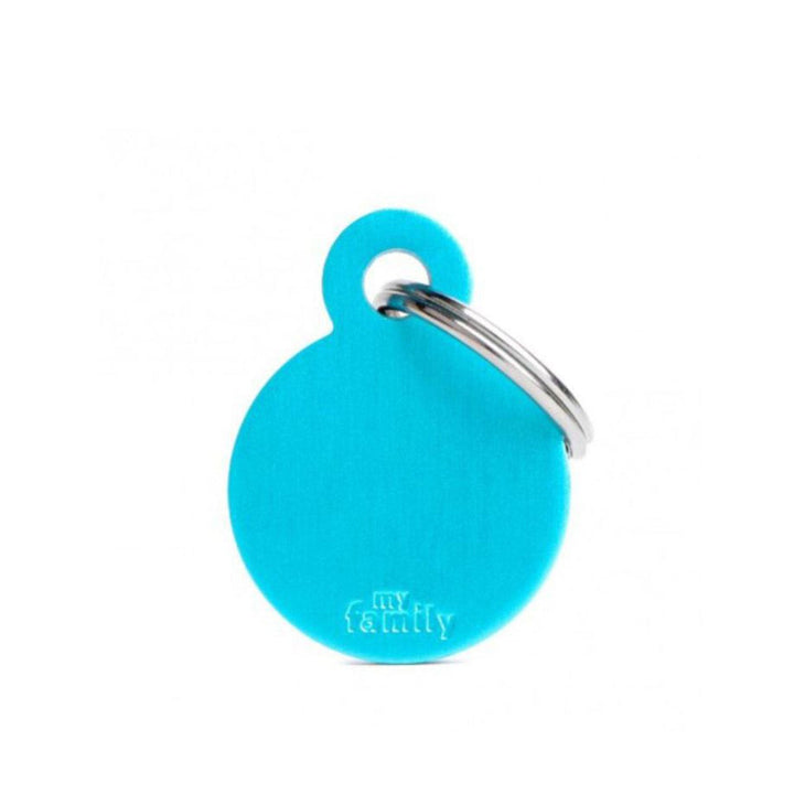 Placa ID My Family Círculo Pequeño Celeste en Aluminio | Accesorios Perros y Gatos | Marcapet Colombia