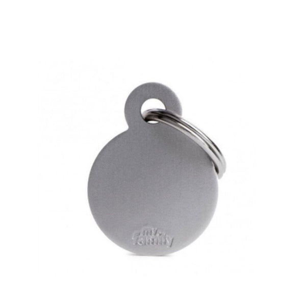 Placa ID My Family Círculo Pequeño Gris en Aluminio | Accesorios Perros y Gatos | Marcapet Colombia