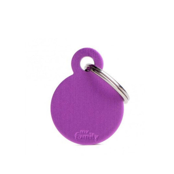 Placa ID My Family Círculo Pequeño Morado en Aluminio | Accesorios Perros y Gatos | Marcapet Colombia