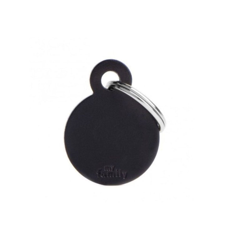 Placa ID My Family Círculo Pequeño Negro en Aluminio | Accesorios Perros y Gatos | Marcapet Colombia