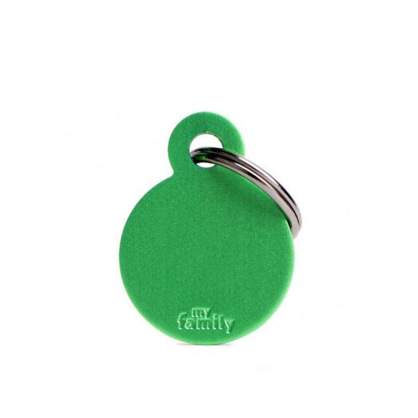 Placa ID My Family Círculo Pequeño Verde en Aluminio | Accesorios Perros y Gatos | Marcapet Colombia