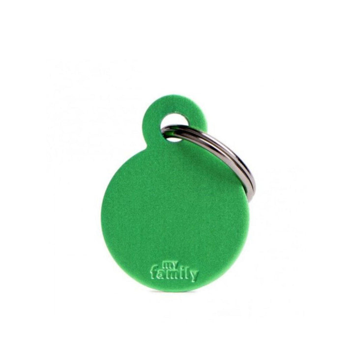 Placa ID My Family Círculo Pequeño Verde en Aluminio | Accesorios Perros y Gatos | Marcapet Colombia