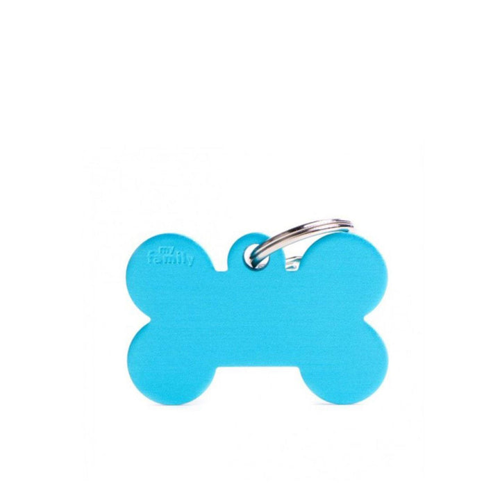 Placa ID My Family Hueso Grande Celeste en Aluminio | Accesorios Perros | Marcapet Colombia