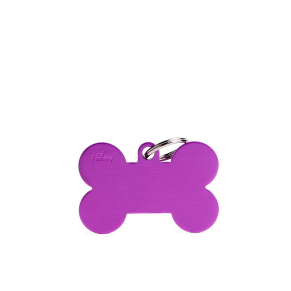 Placa ID My Family Hueso Grande Violeta en Aluminio | Accesorios Perros | Marcapet Colombia