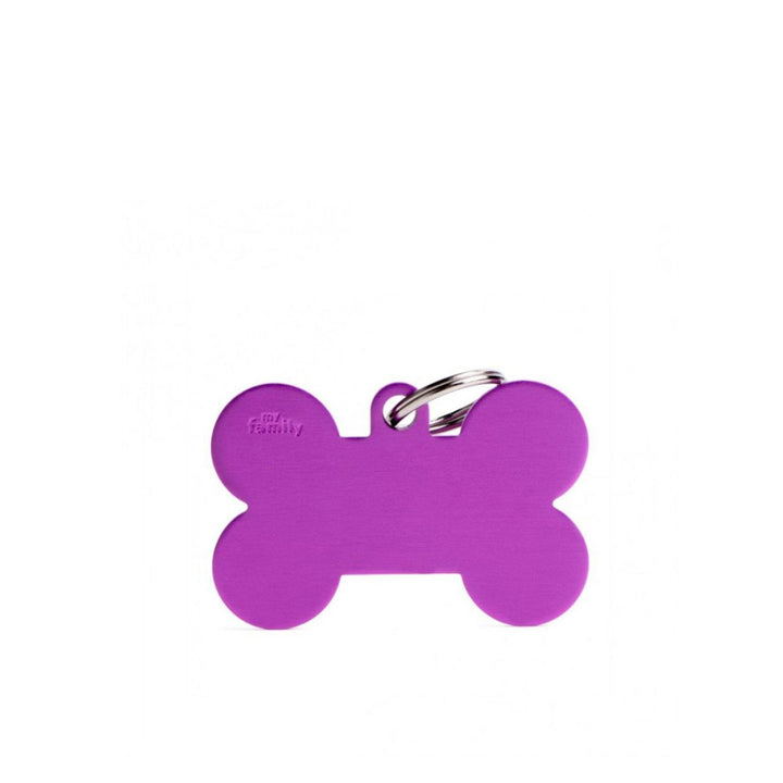 Placa ID My Family Hueso Grande Violeta en Aluminio | Accesorios Perros | Marcapet Colombia