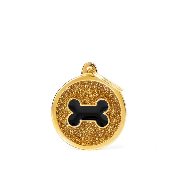 Placa ID My Family Círculo Grande Hueso Oro Glitter | Accesorios Perros y Gatos | Marcapet Colombia